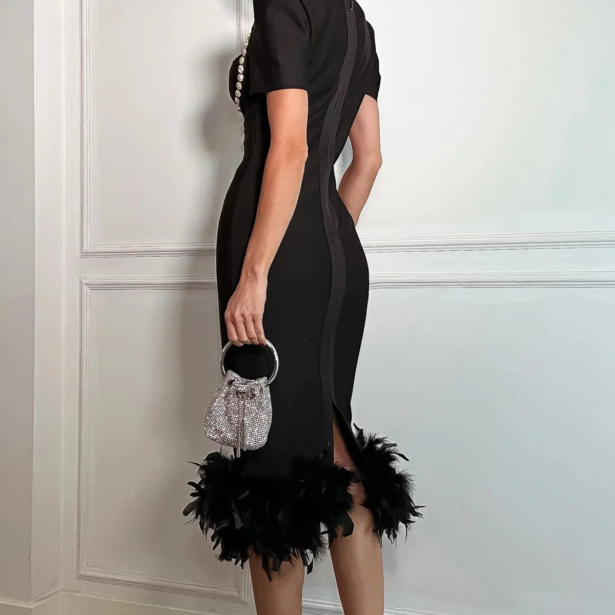 Black Color Women Sexy Short Sleeve Square Collar Feathers Bodycon Mid-calf Bandage Dress Celebrate Nightclub Party Fashion Wear