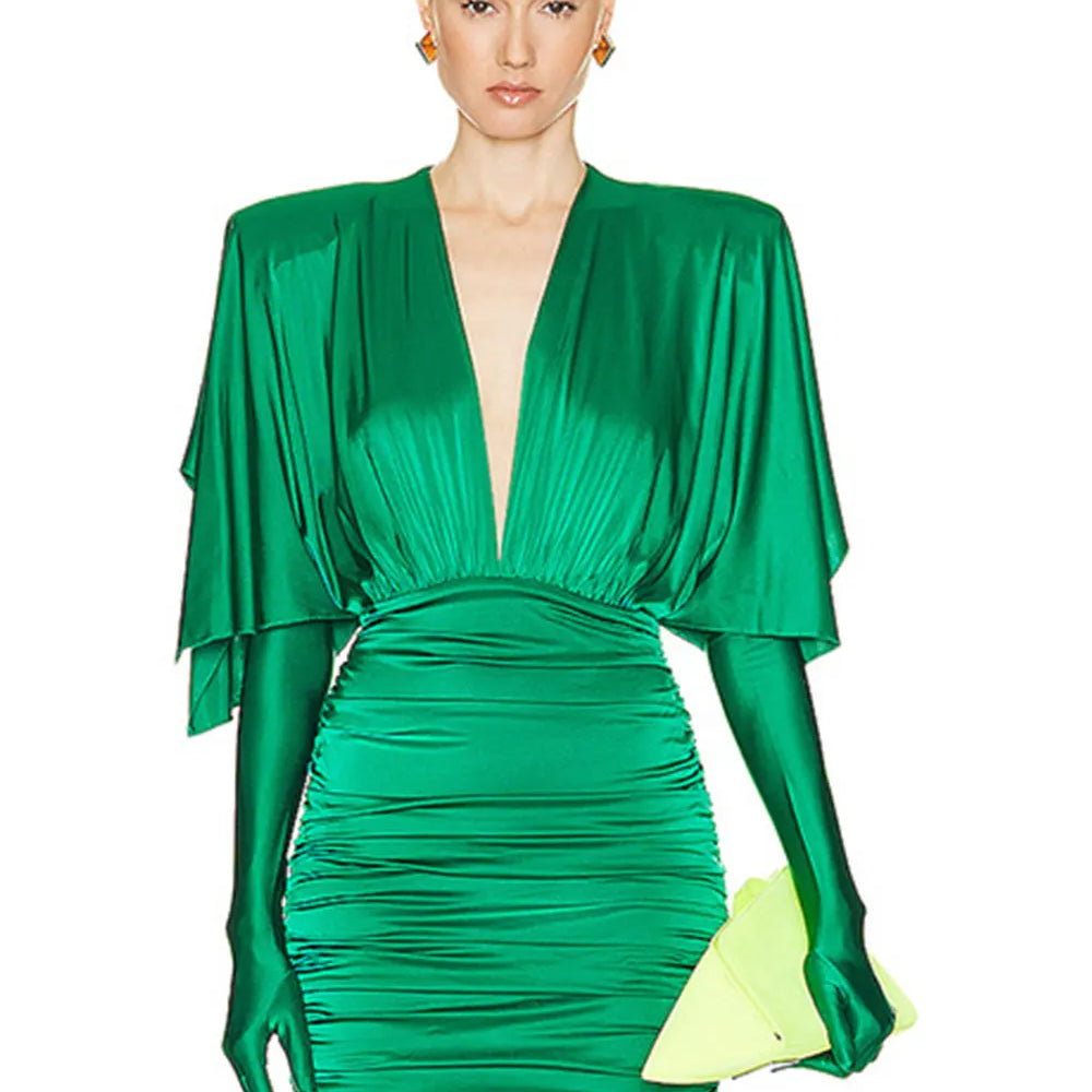 Women's Green Satin Dress Double Collar Bat Sleeve Glove Decoration Draped Loose Mini Dresses Cocktail Evening Party Vestidos