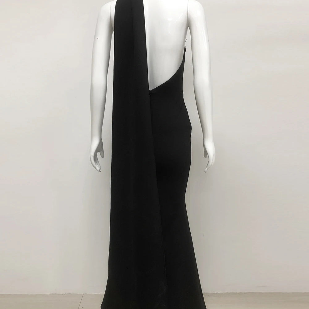 Elegant Solid Diamond Flower Bandage Women Halter Dress Off Shoulder Sleeveless Backless Slim Female Maxi Dresses 2025 Lady Robe