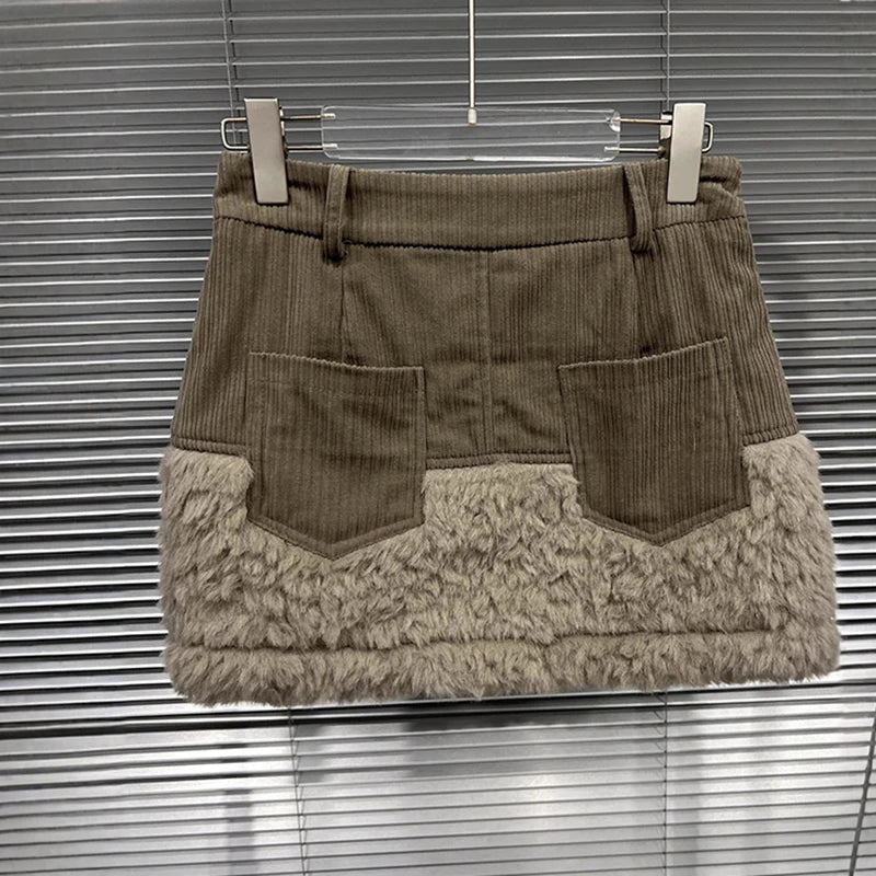 Autumn Winter New Style Corduroy Lapel Loose Fur Coat For Women Patchwork High Waist Shorts Skirt Female 11A07636