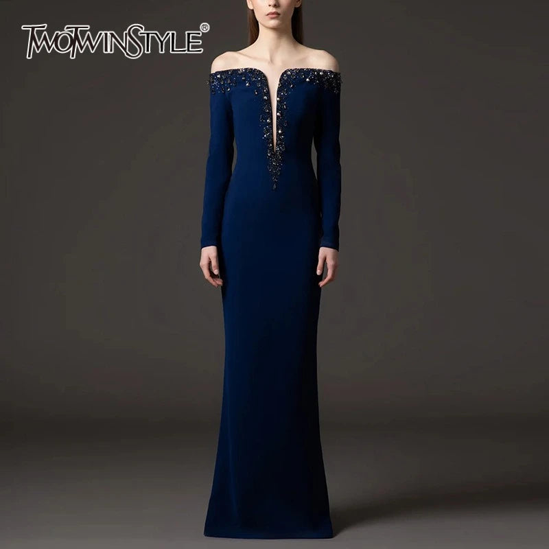 Solid Slimming Spliced Bead Luxurious Elegant Dresses for Women Slash Neck Long Sleeves Temperament Dress Female
