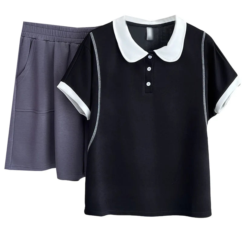 Plus Size Women's Set Casual Color Blocking Short Sleeve Tops And Grey Shorts Two Piece 100KG Sports Suit Summer 2025