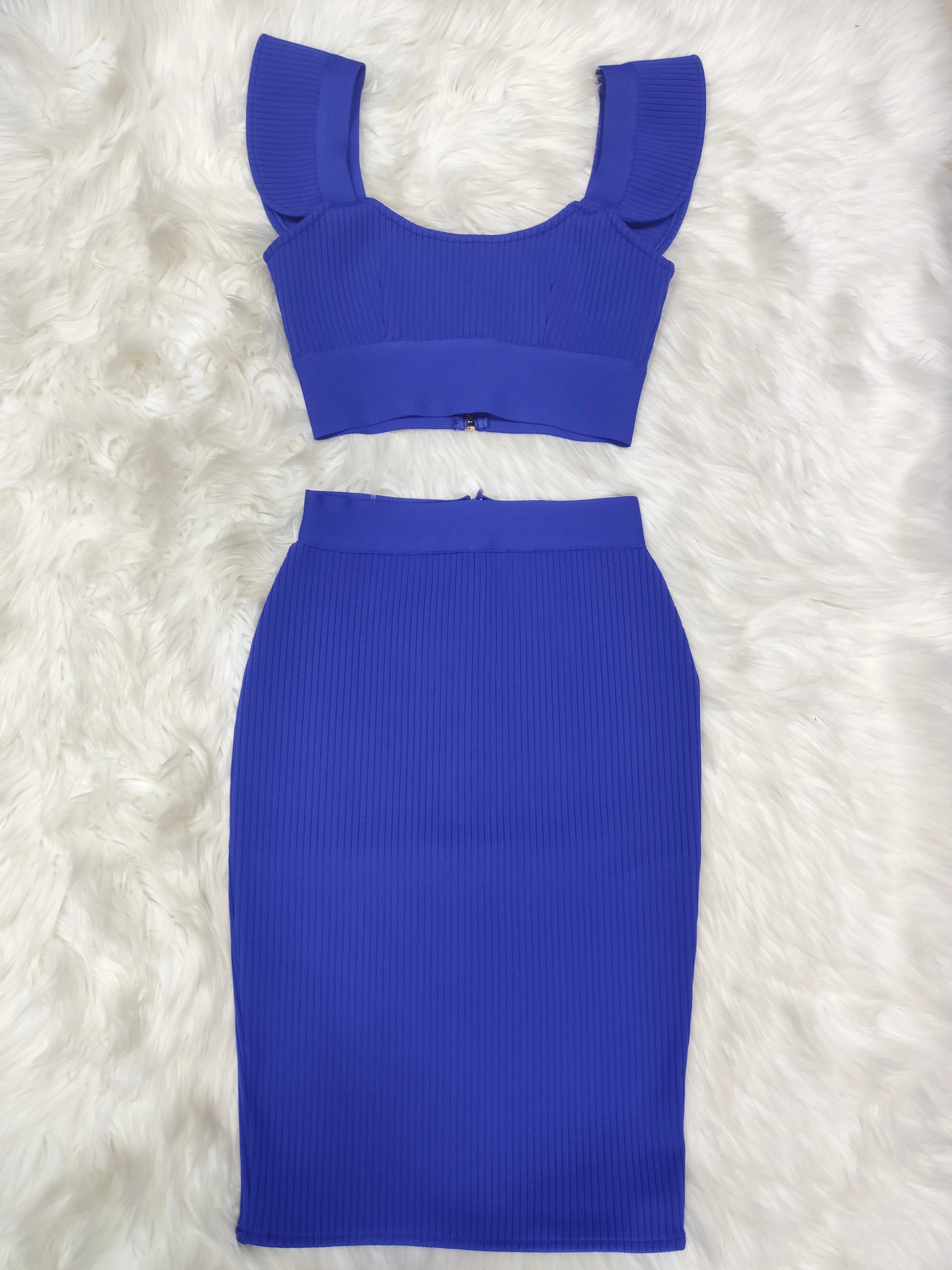 Celebrity Sexy Fashion Green Yellow Ruffles Bodycon Rayon Two Pieces Bandage Dress Two Pieces & Skirt Set Blue