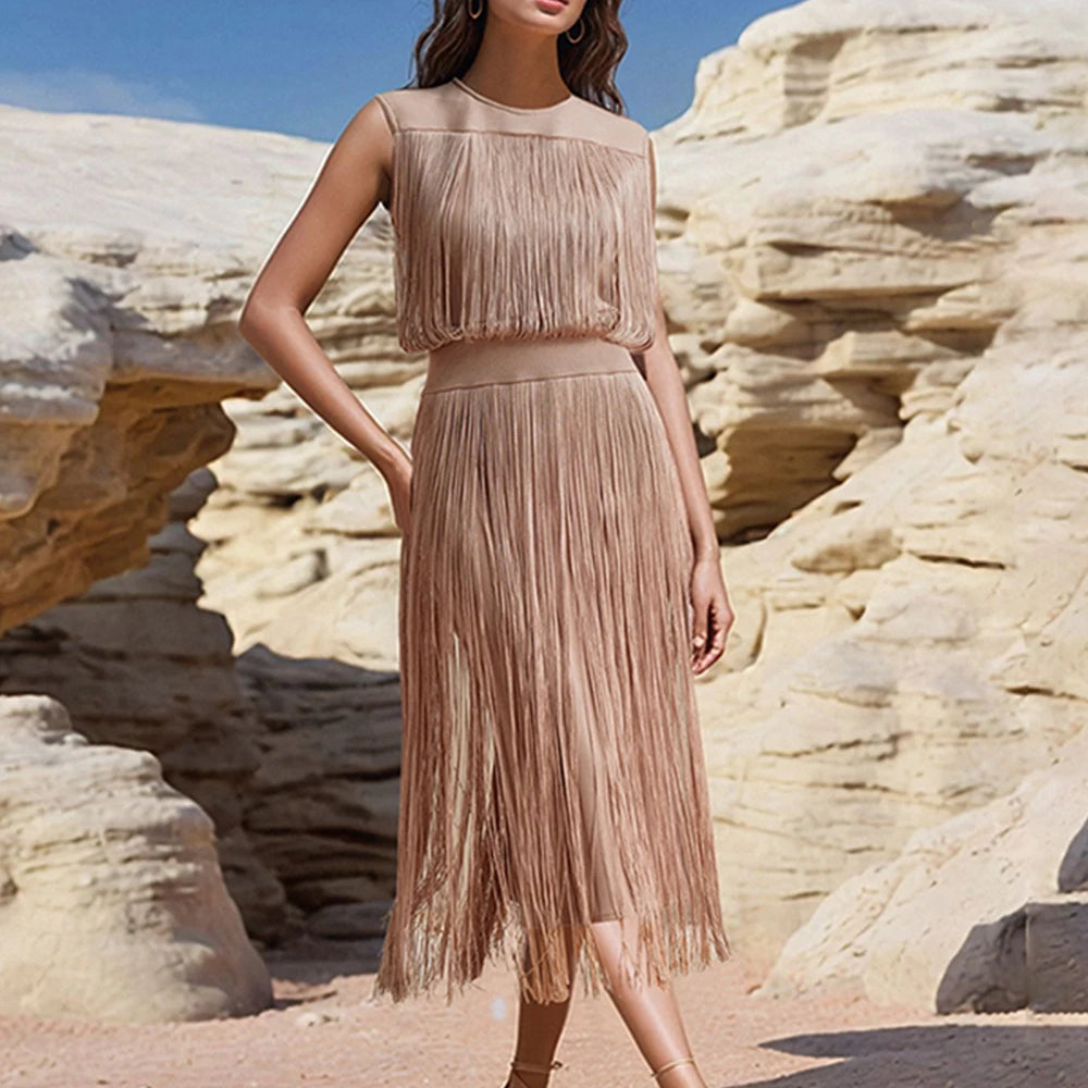 2025 New Tassel Patchwork Party Fashion Midi Dress Women Summer Sleeveless Solid High Street Ladies Vestidos