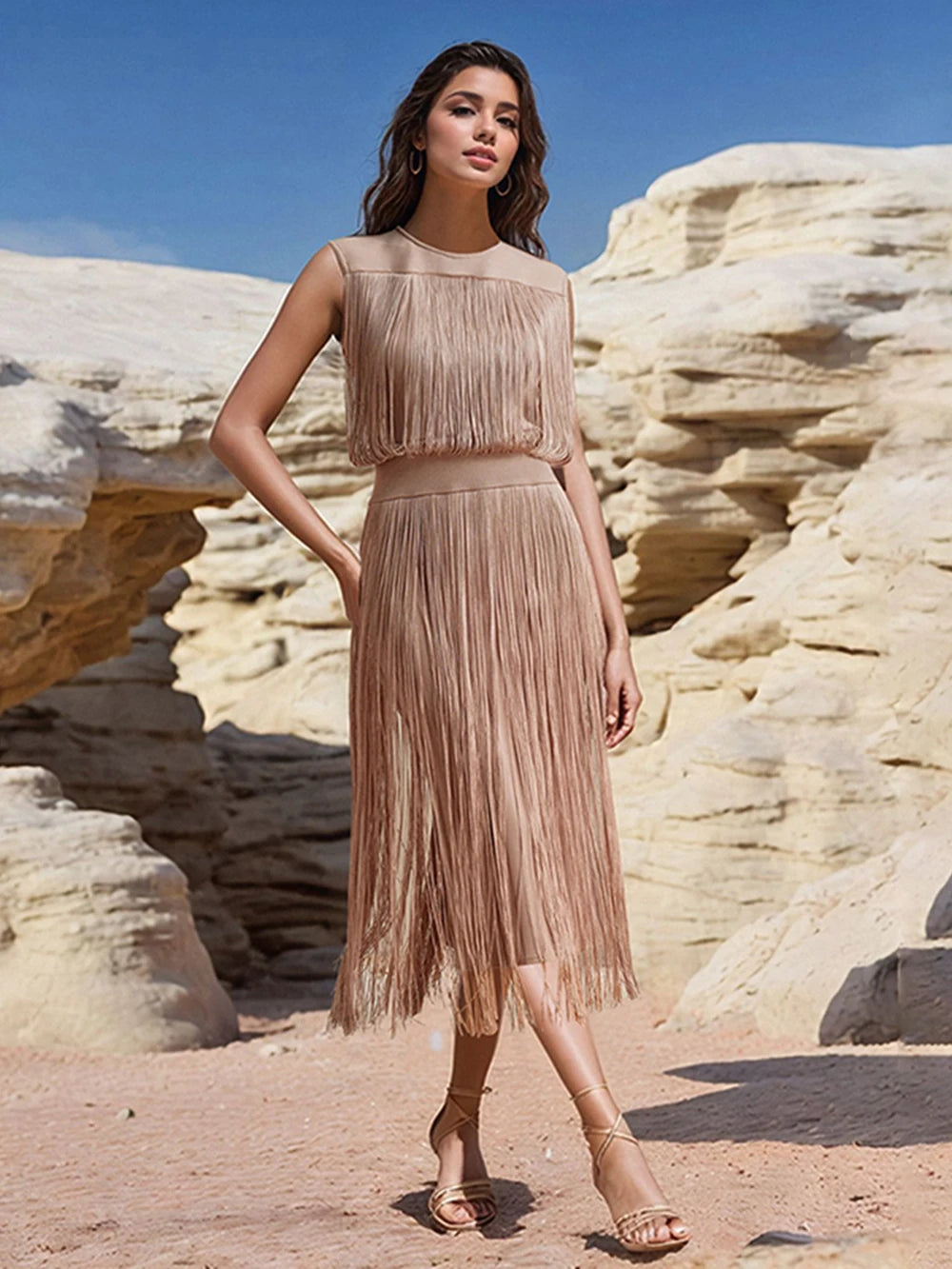 2025 New Tassel Patchwork Party Fashion Midi Dress Women Summer Sleeveless Solid High Street Ladies Vestidos