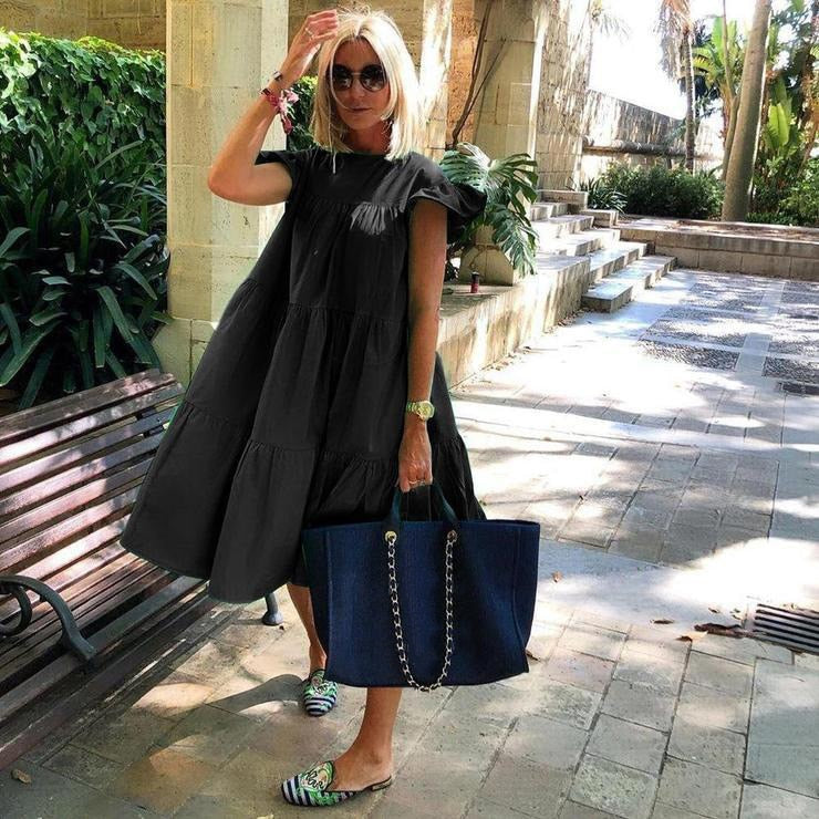 Sundress Elegant Casual Party Beach Vintage Swing Midi Dress Black