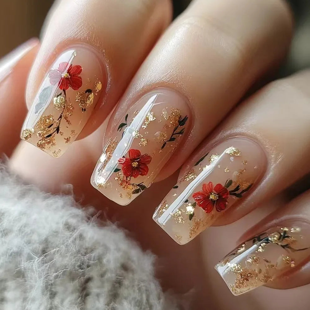 24Pcs Wearing Fake Nails with Gold Foil Glitter Rose Flowers French Ballet Acrylic Nail Set Removable Elegant Finished Manicure 2