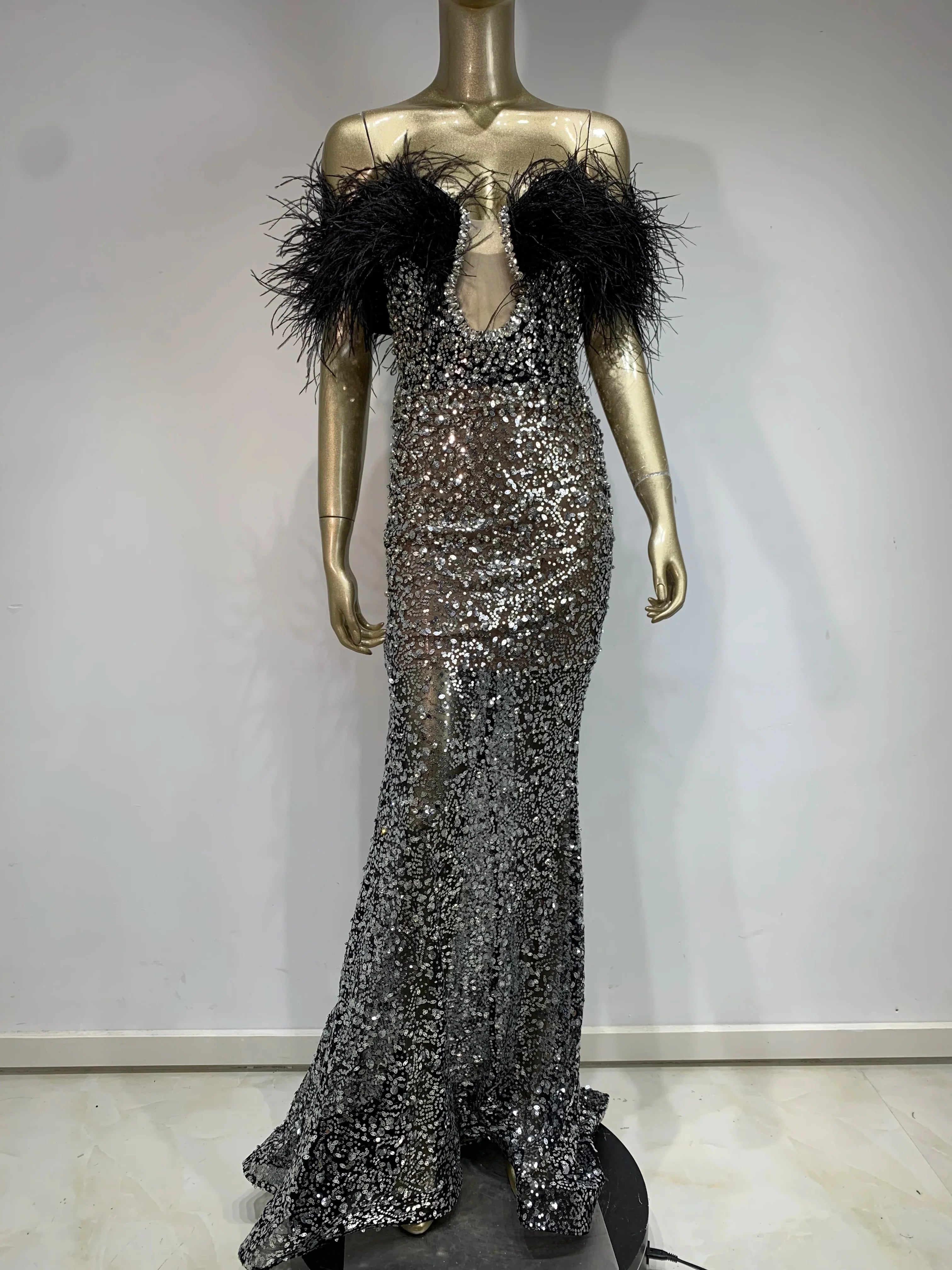 Women Celebrity Sexy Off Shoulder Feather Beading Sequins Maxi Long Gowns Dress Elegant Evening Party Club Dress Vestido