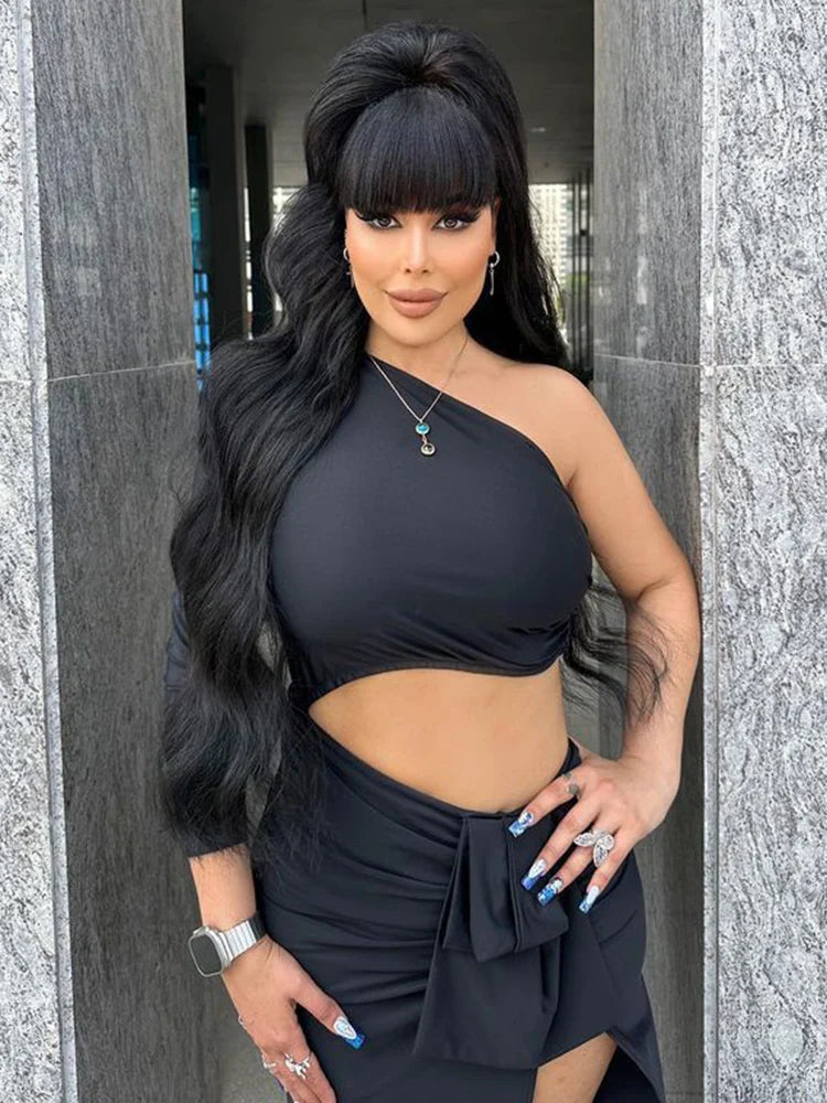 Black Long Dress Women Diagonal Collar One-Shoulder High Slit Ruched Design Evening Party Dress 2022 Autumn Winter New