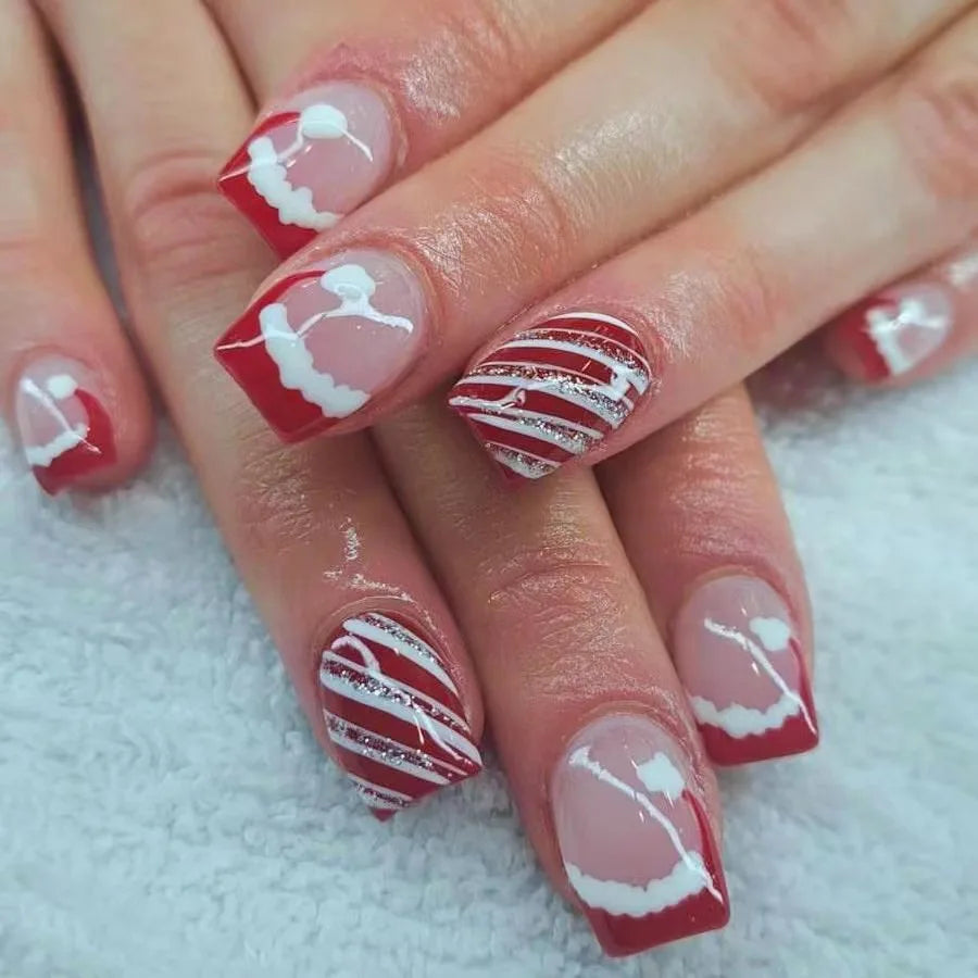 24Pcs Christmas French Fake Nail with Snowflake Design Glitter Pink Full Cover Nail Tip Xmas Short Wearable Press on False Nails 680