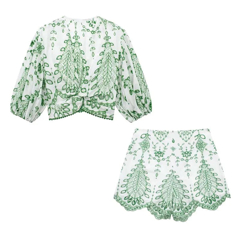 Summer new fashion embroidered blouses ladies shorts 2 suit dress taozhuangfenghao3456