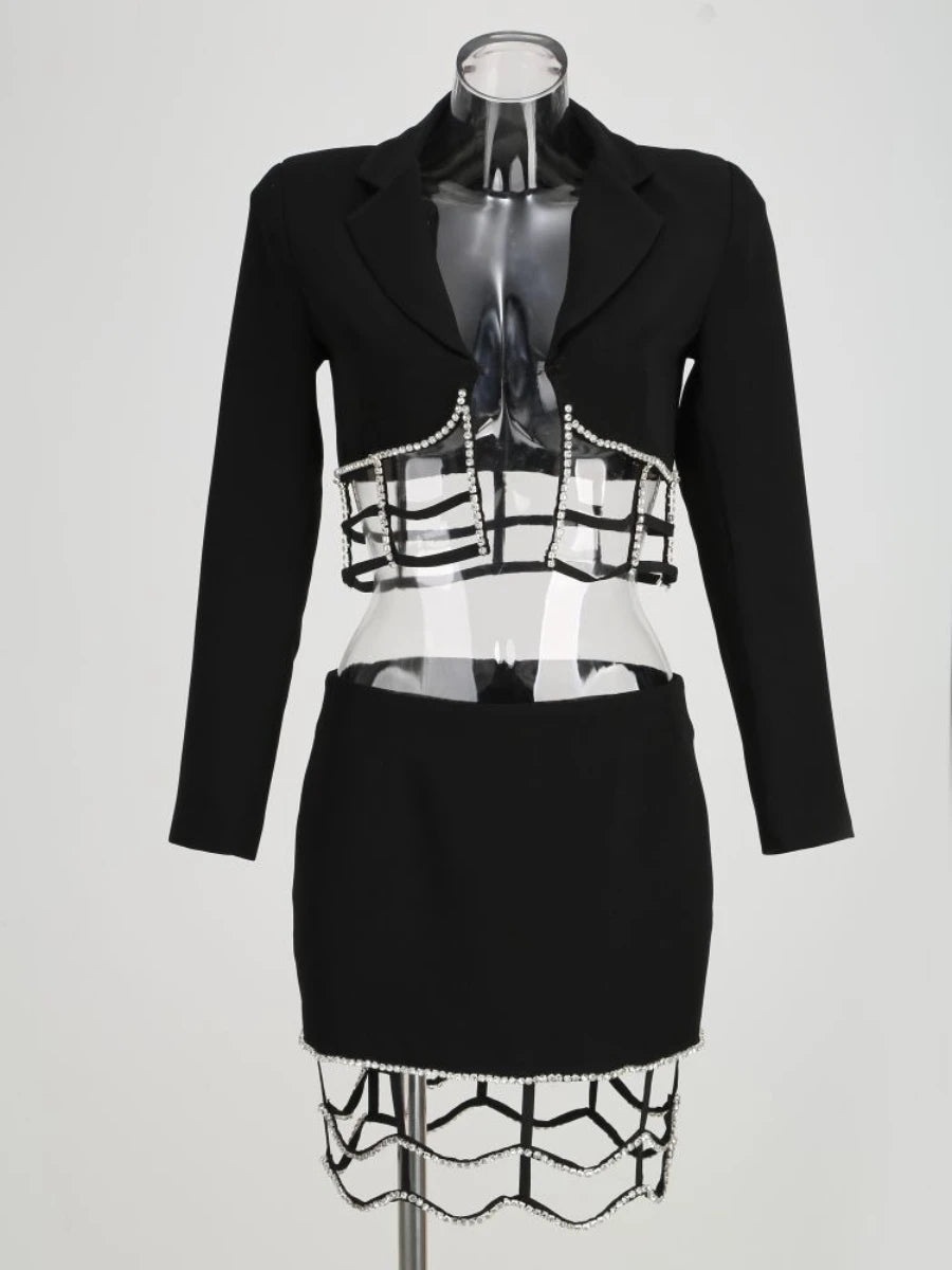 Solid Slimming Spliced Bead Two Piece Sets for Women Lapel Long Sleeves Top High Waist Skirt Hollow Out Set Female