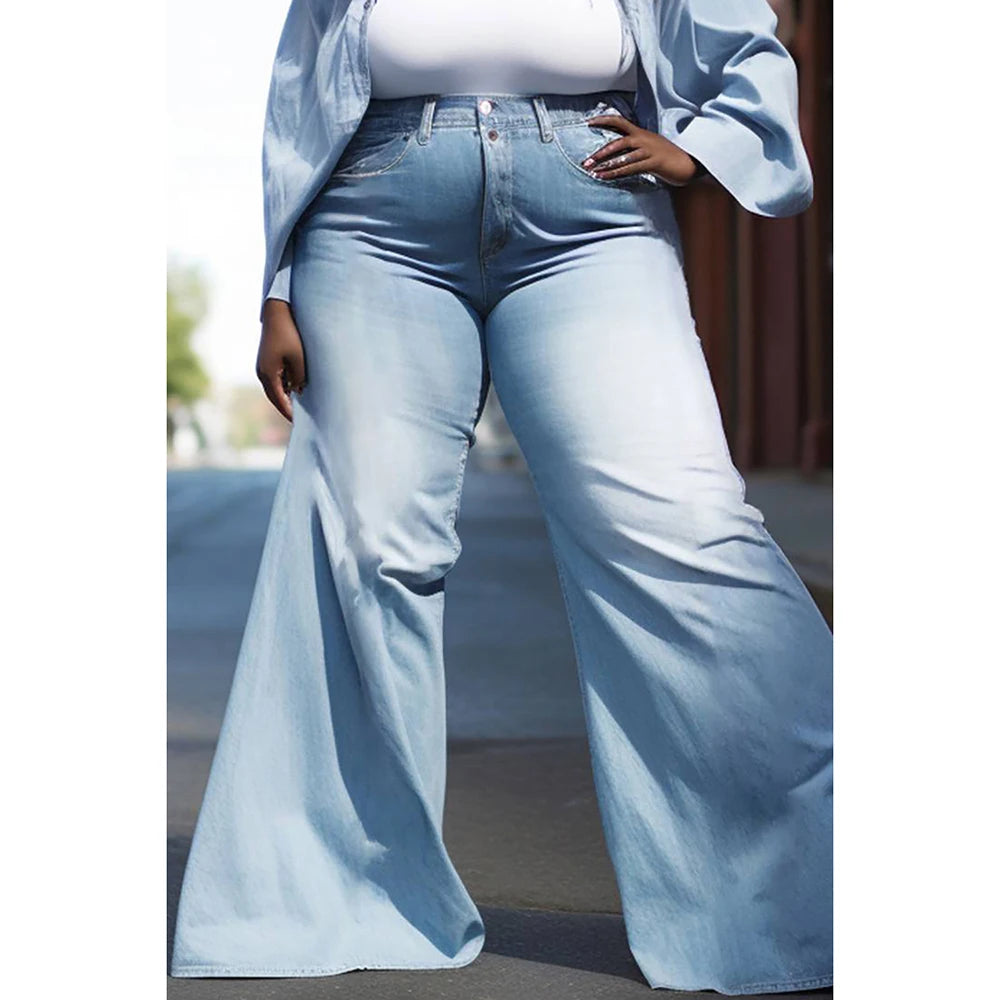 Plus Size Women'S Denim Suit Light Blue Spring And Summer Shirt Collar Long Sleeve Denim Fashion Tops And Bottoms Two-Piece Suit