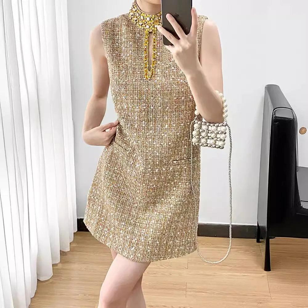 Spring Summer Tweed Mini Dress Women Heavy Industry Beading Luxury Stand Collar Diamonds Hollow Out Short Vestidos F286
