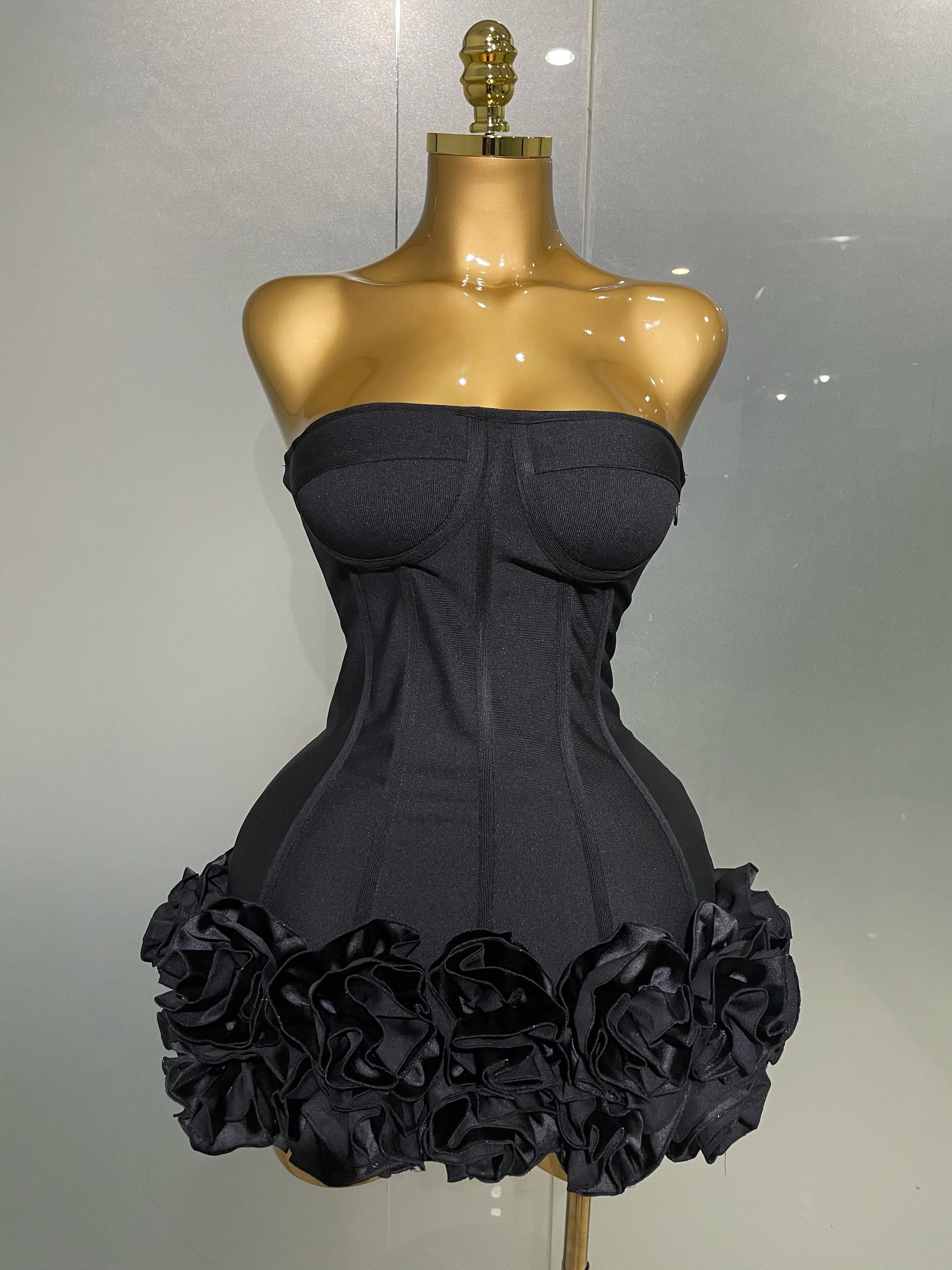 2025 Sexy Evening Bandage Dress Strapless Bodycon Flowers Mini Celebrity Women Birthday Party Dress Photo Shoot Nightclub Outfit black