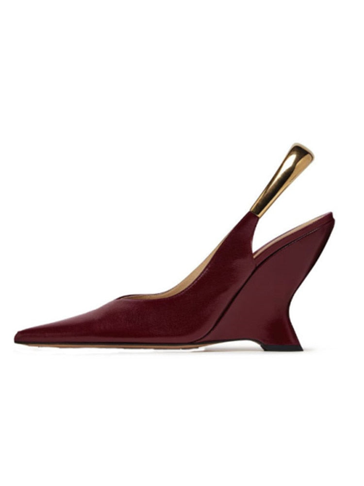 Summer New High Heels Thick Sole Thick Heel Lacquer Leather Shallow Mouth Pointed Fashion Sexy Women's Oversized Shoes 529-wine red