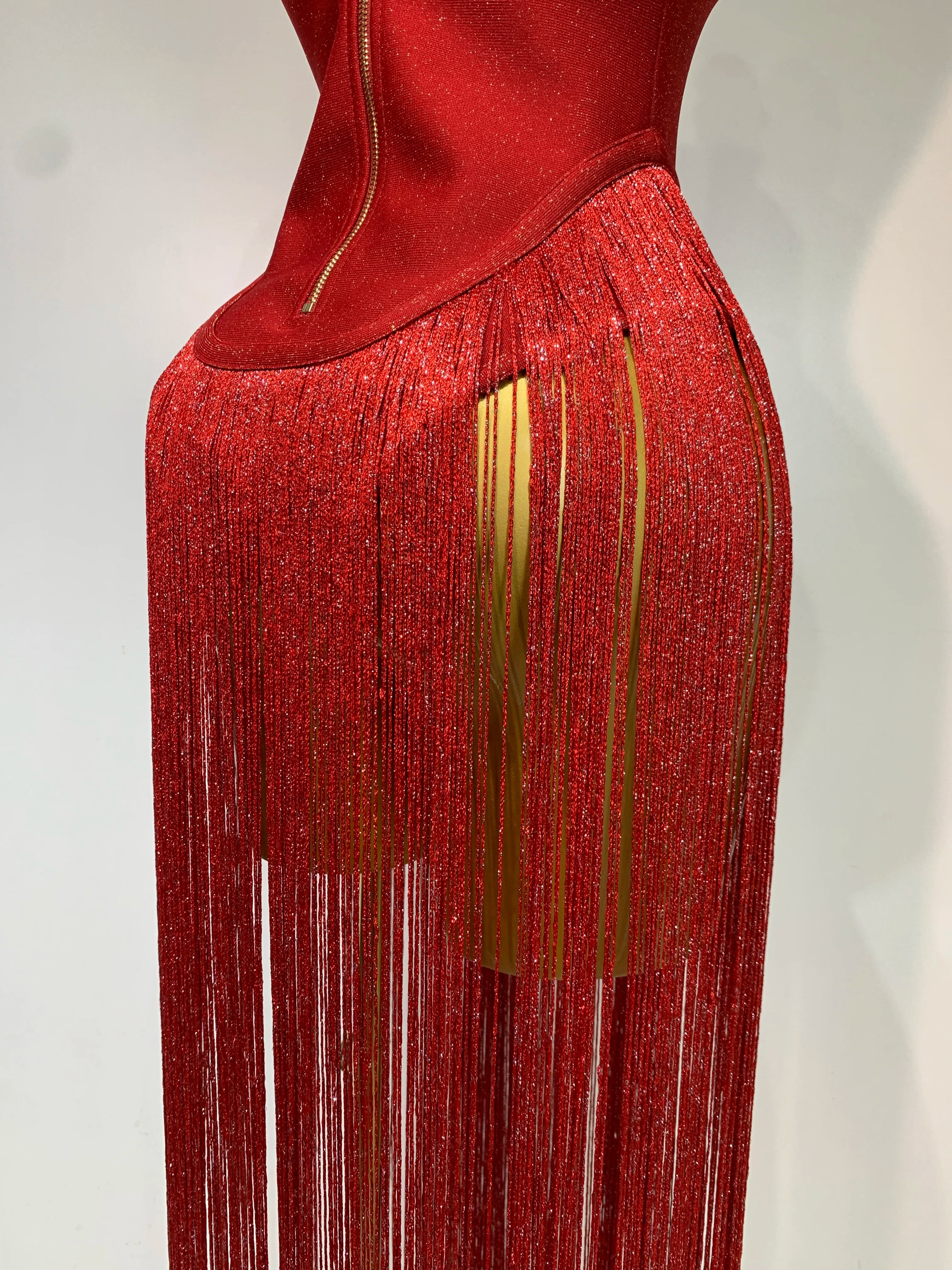 Fashion Design Long Tassel Patchwork Strapless Bandage Bodysuit Women Sexy High Street Evening Party Nightclub Hotwife Outfit