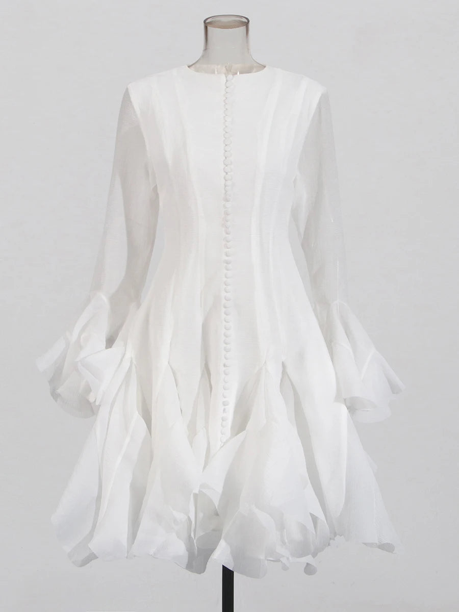 Solid Spliced Button Slimming Dresses For Women O Neck Long Sleeve High Waist Patchwork Ruffles Female Fashion New WHITE