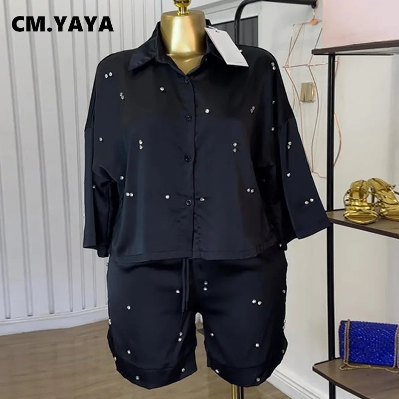 Beading Women's Set Long Sleeve Shirt and Shorts Suit 2025 Summer OL Fashion Two 2 Piece Sets Outfit Tracksuit