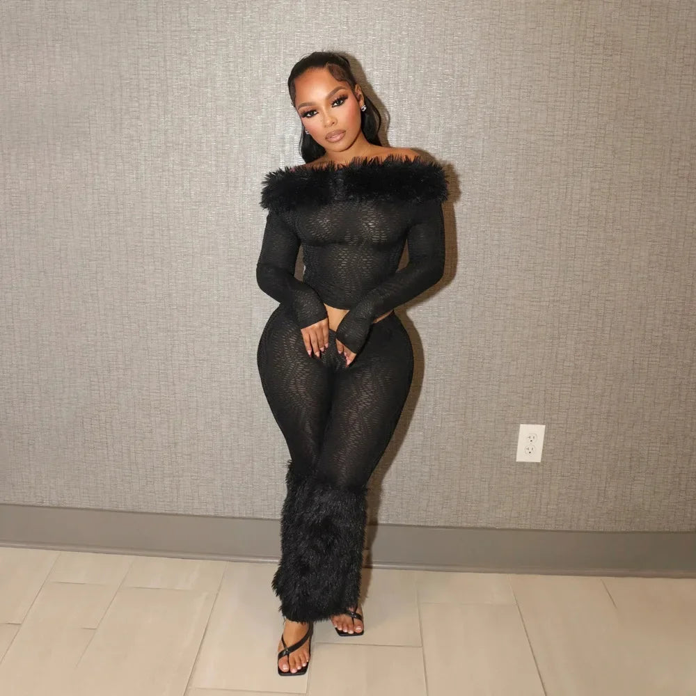 2025 Spring Women's Set Long Sleeve Fur Slash Neck T-shirt + Pants Sexy Streetwear Two 2 Piece Sets Outfits Tracksuit Black