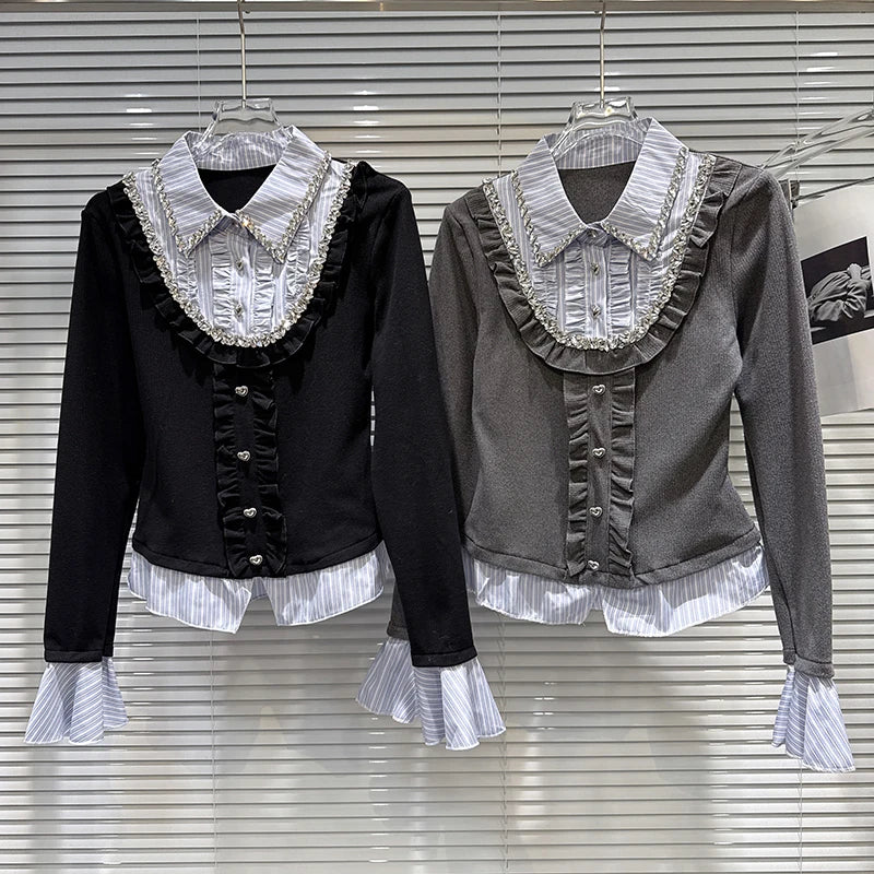 Winter New Style Rhinestone Ruffled Edge Patchwork Fake Two-Piece Shirt For Women Contrast Color Tops Female 11A07757
