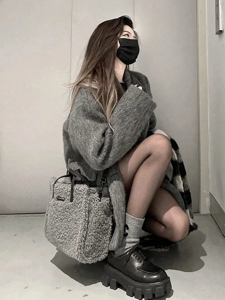 Lautaro Autumn Winter Grey Black Warm Soft Woolen Blazer Women Long Sleeve Single Breasted Korean Fashion New in Coats & Jackets