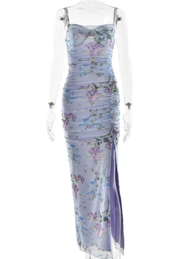 Blue Floral Print Mesh Maxi Dress For Women Gown Zipper Spaghetti Strap Sleeveless Backless Split Club Party Long Dress PURPLE