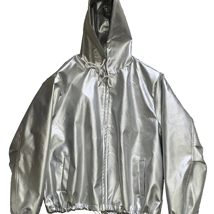 Mauroicardi Autumn Oversized Waterproof Silver Faux Leather Jacket Men with Drawstring Hood Zipper Loose Casual Korean Fashion Silver
