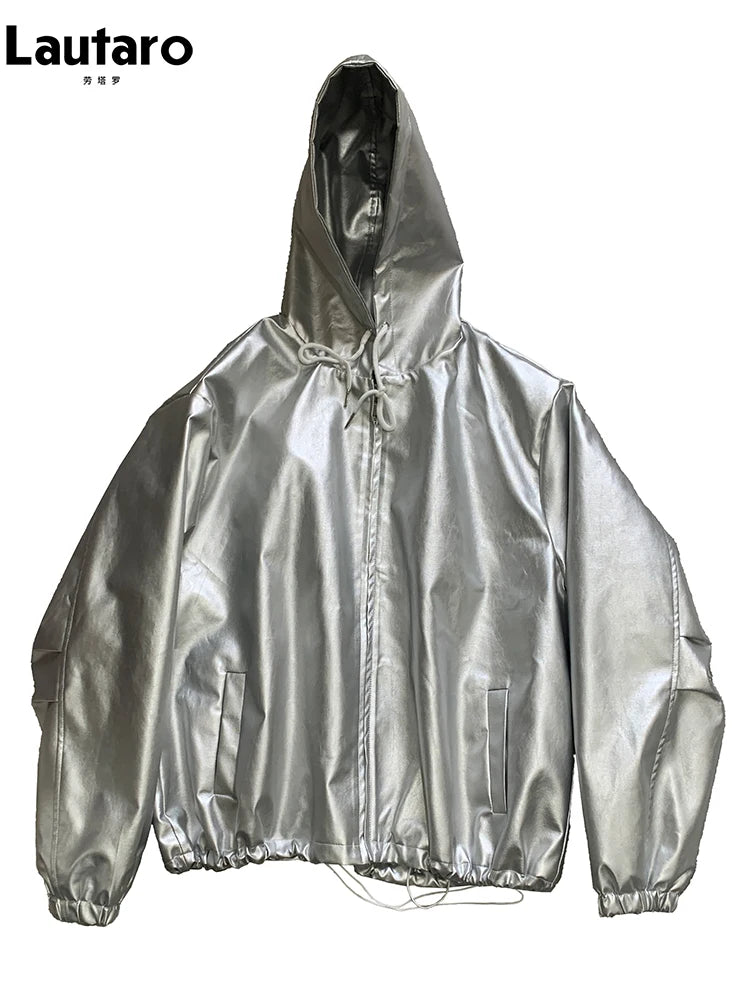 Mauroicardi Autumn Oversized Waterproof Silver Faux Leather Jacket Men with Drawstring Hood Zipper Loose Casual Korean Fashion Silver