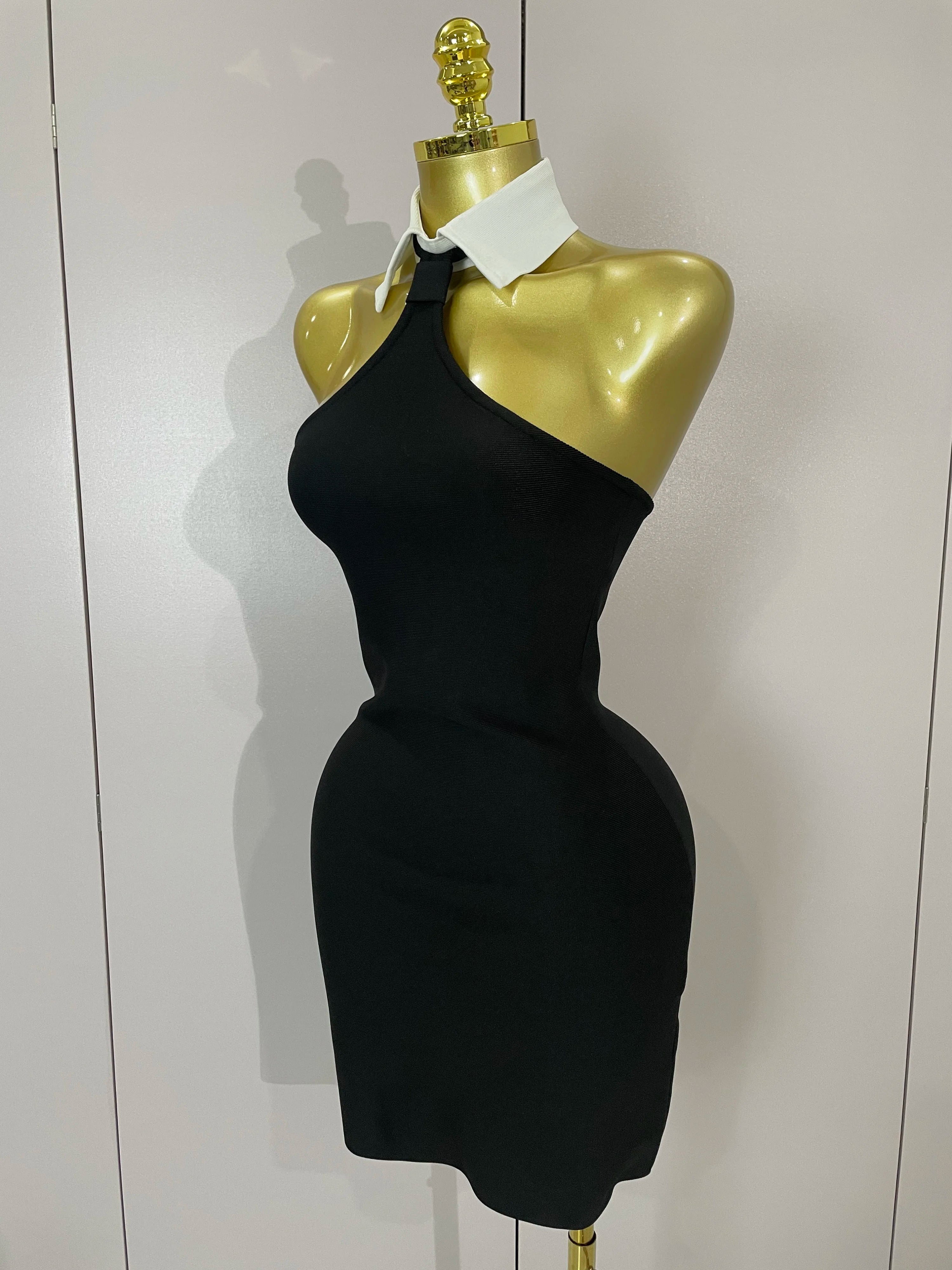 Sexy Backless White Shirt Collar Black Mini Bodycon Bandage Dress 2025 Women Elegant Evening Club Party Luxury Birthday Dresses