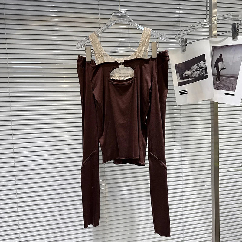 Winter New Sweet Fashion Embroidered Lace Collar Patchwork Design Stretch Long Sleeve T-shirt For Women 11A07863