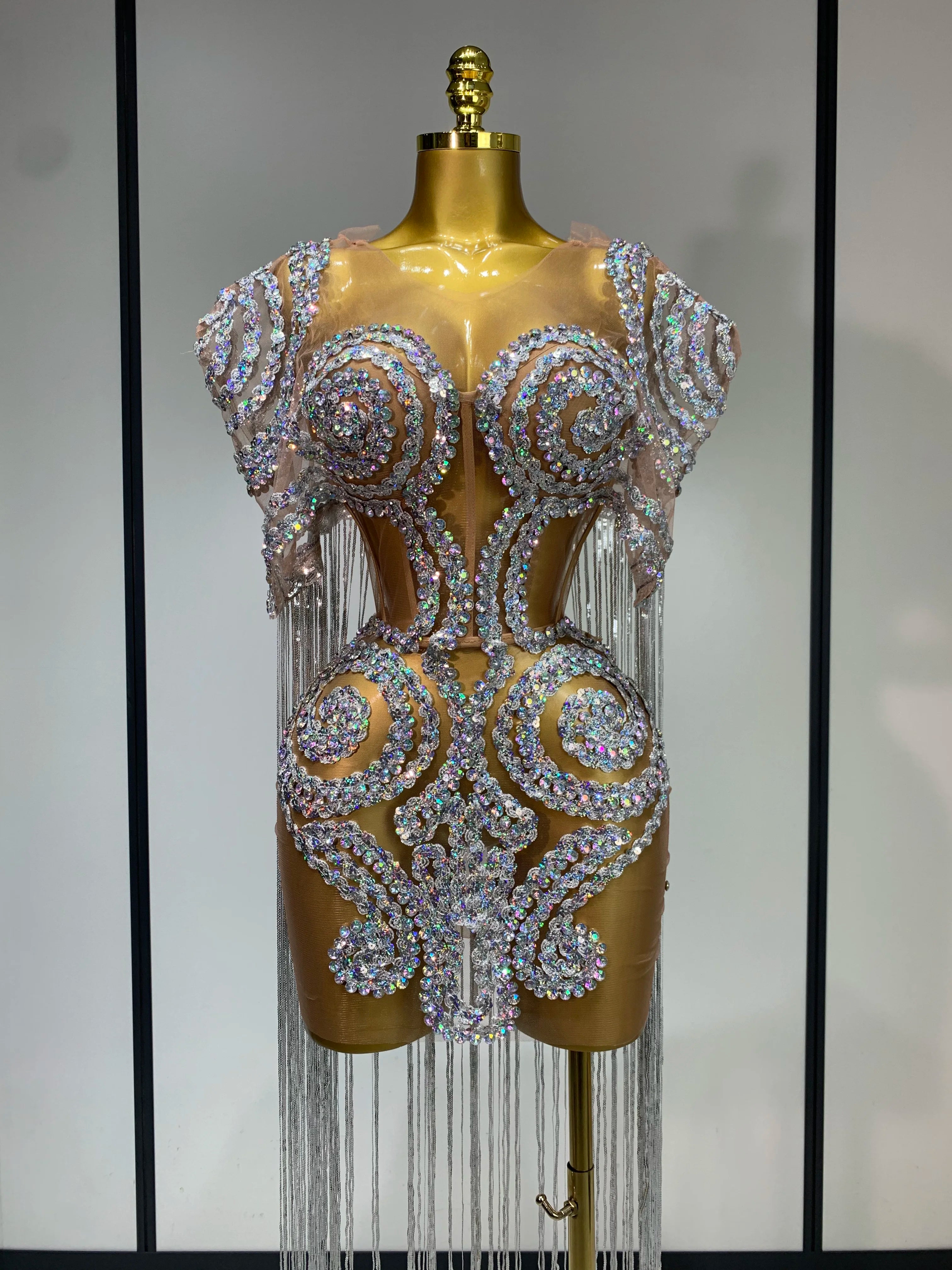 Sparkly Rhinestones Tassel Sexy Mesh Transparent Short Dress Women Evening Party Luxury Birthday Nightclub Singer Stage Costume MULTI