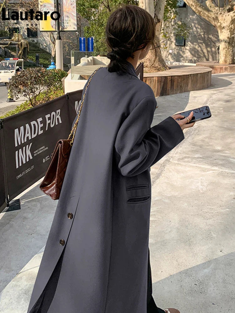 Autumn Long Coffee Flowy Blazer Coat Women with Back High Slit Double Breasted Loose Casual Korean Fashion Overcoat 2024