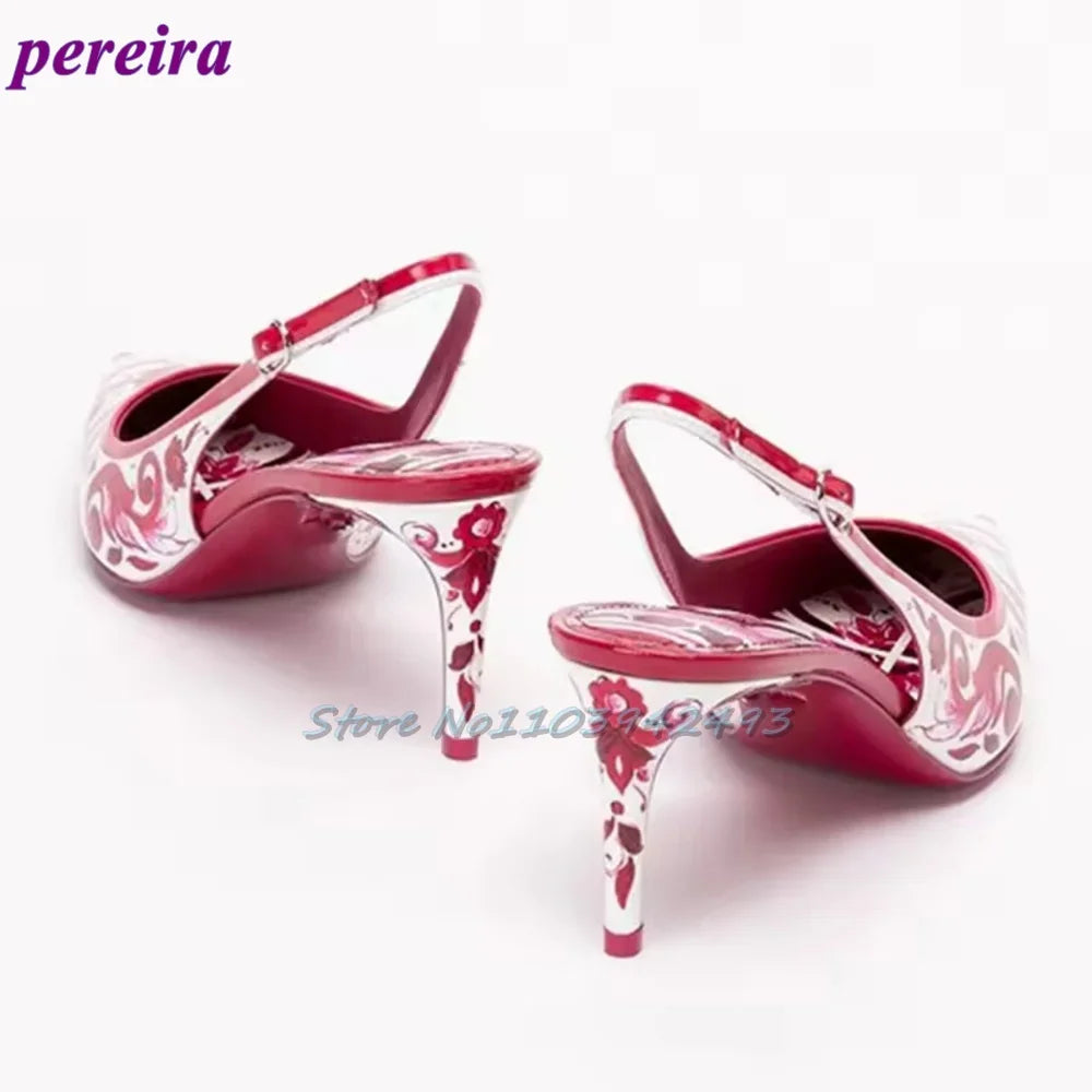 Red Mixed Color Sandals Women Luxury Designer Pointed Toe High Heels 6CM Back Strap Lambskin Buckle Strap Summer Prints Shoes