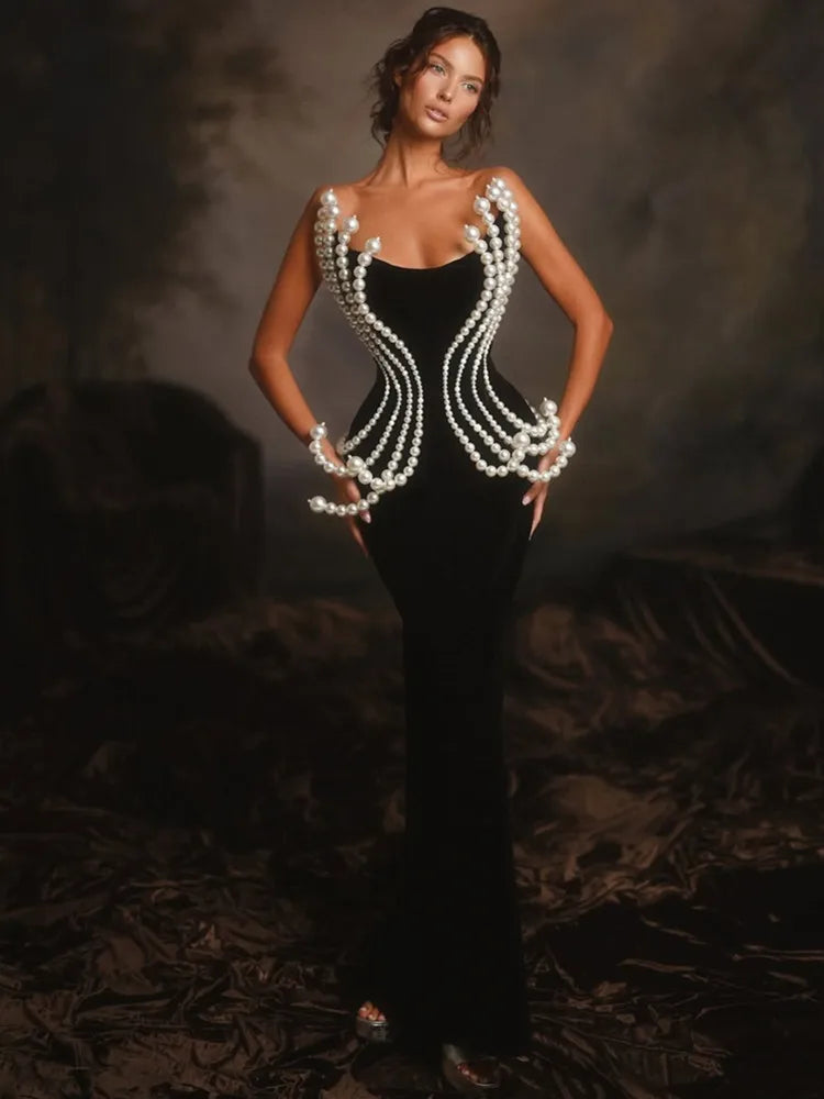 Women Celebrity Sexy Backless Strapless Black Pearl Maxi Long Bandage Bodycon Dress 2025 Elegant Evening Club Party Outfit black