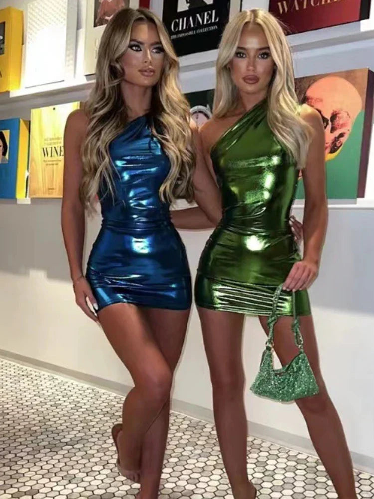 TARUXY Silver PU Mini Dress Womens Bodycon Sexy Sleeveless High Waisted Sheath Dresses Party Fashion Slim Dress Women New