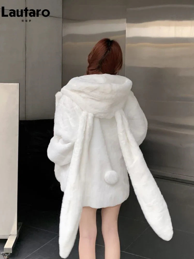 Winter Oversized Warm White Faux Fur Coat Women ith Bunny Ears Kawaii Sweet Cute Japanese Style Fluffy Jacket Hoodie