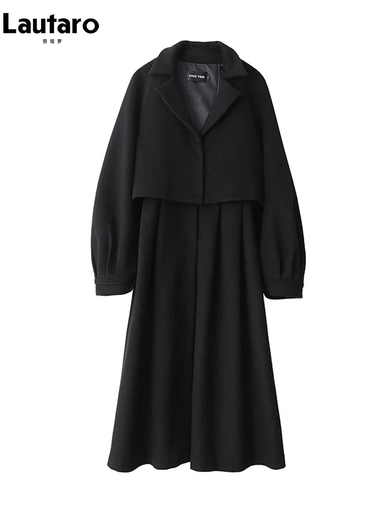 Autumn Winter Long Flowy Luxury Vintage Black Warm Thick Woolen Coat Women Luxury Designer Fake 2 Pieces Clothes 2023