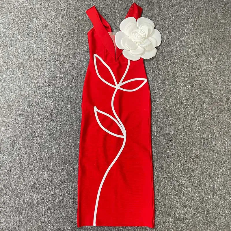 Black Red Color Women Sexy Strapless Big Flowers Bodycon Bandage Long Dress Celebrate Birthday Vacation Cocktail Dress Wholesale Red