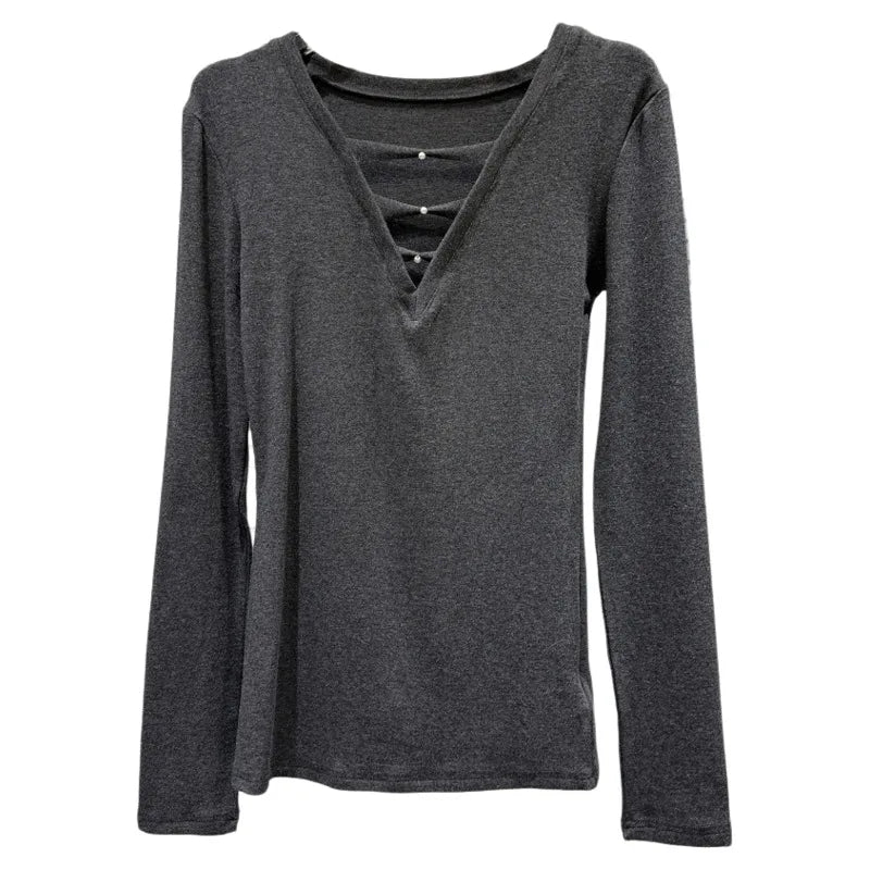 Winter New Fashion V-neck Hollow Design Solid Color Shoulder Pad Long Sleeve T-shirt Women's Solid Color Top 11A07645