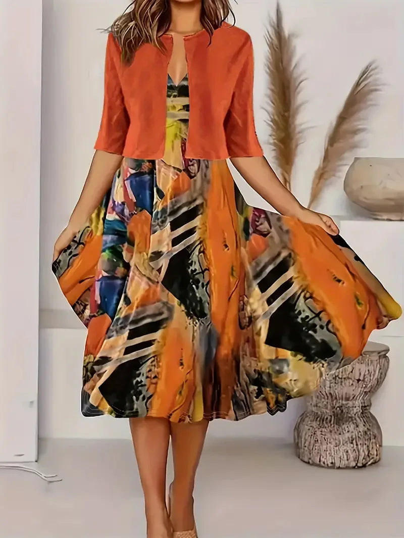 2025 autumn new women's long crewneck printed dress short needle two-piece cardigan short coat Orange