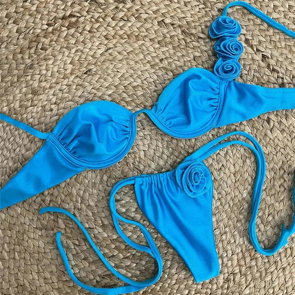 Sexy 3D Flower Blue Push Up Bikinis Set Women Wrinkled Underwired Swimwear Micro Thong Swimsuit Bathing Suit Bikini Mujer