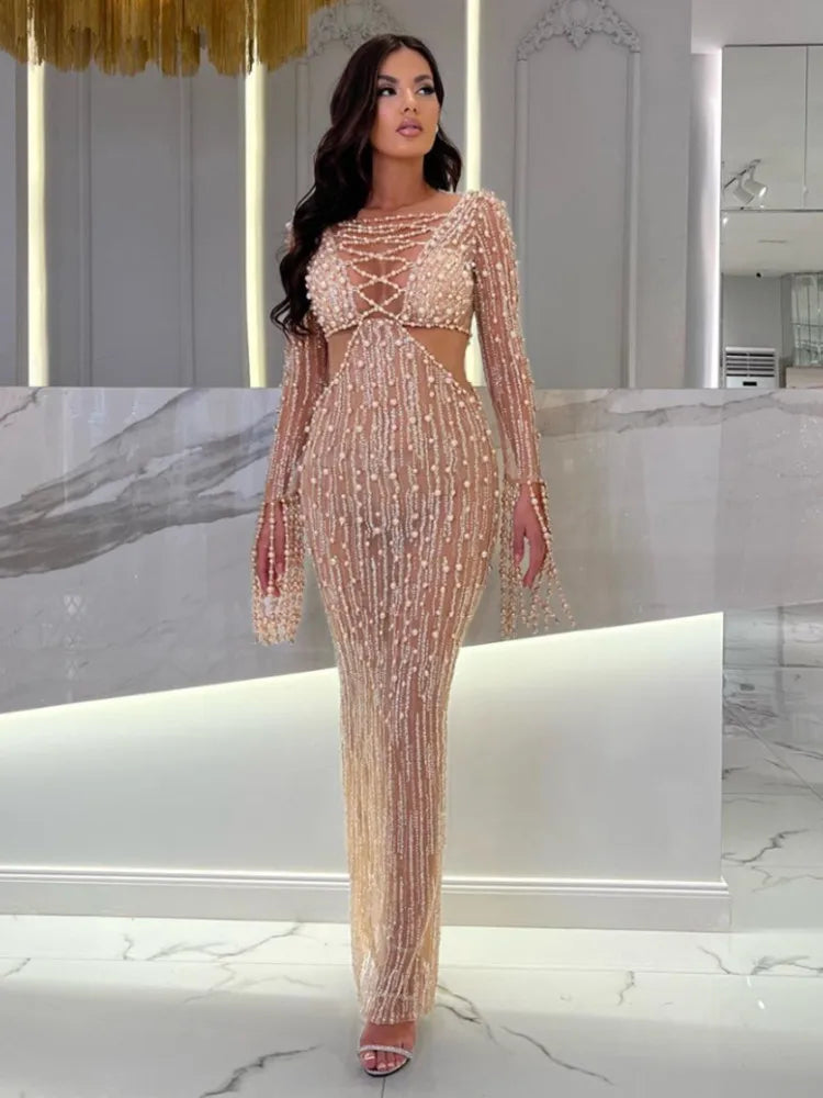 Elegant Evening Party Dress Women Long Sleeve Pearl Beading Bodycon Long Maxi Dress Birthday Party Cocktail Prom Dress