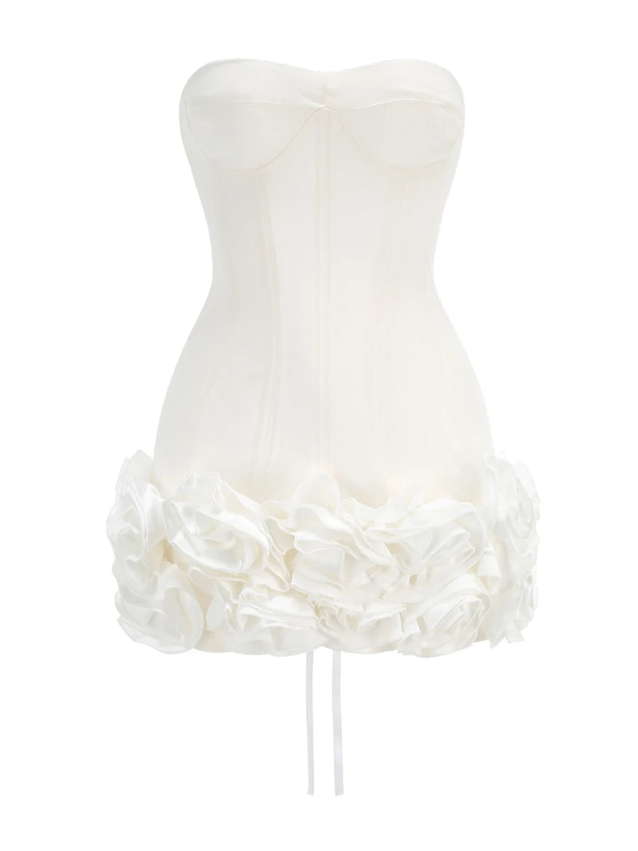 2024 Sexy Women'S Backless Drawstring Tied Dress Strapless Sleeveless Edible Tree Fungi Puffy Dress Cocktail Party Vestidos WHITE