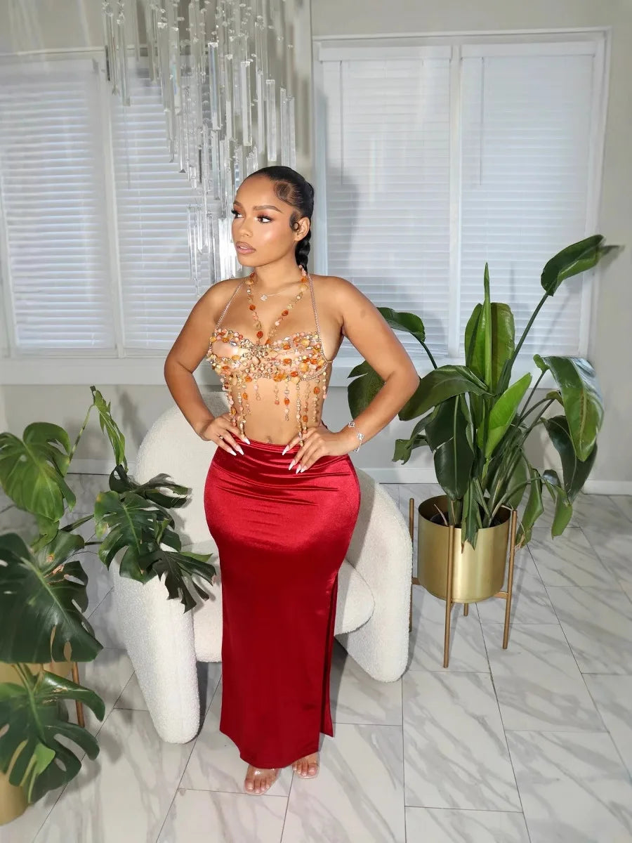 CM.YAYA Vintage Women Satin Bodycon Long Pencil Maxi Long Skirt 2025 Summer Sweet Holiday Beach Street INS Fashion OL Skirts