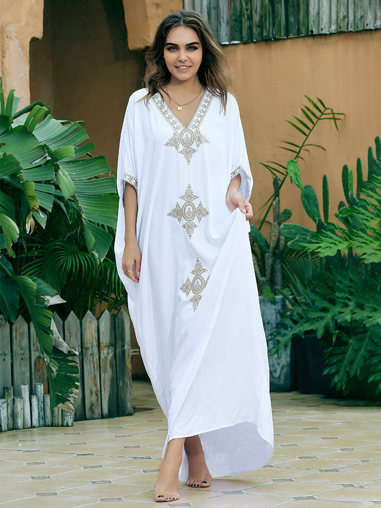 Vintage Embroidery Kaftan Sexy V-neck Batwing Sleeve High Waist Maxi Dress Tunic Women Clothing Summer Beach Dresses Q660 Q1373-White One Size