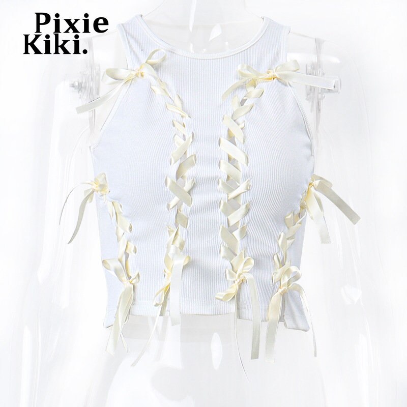 PixieKiki Y2k Fairy Aesthetic Bow Lace Up Hollow Out Ribbed Crop Tops White Summer Sexy Tank Top for Women Summer 2024 P33-BC10