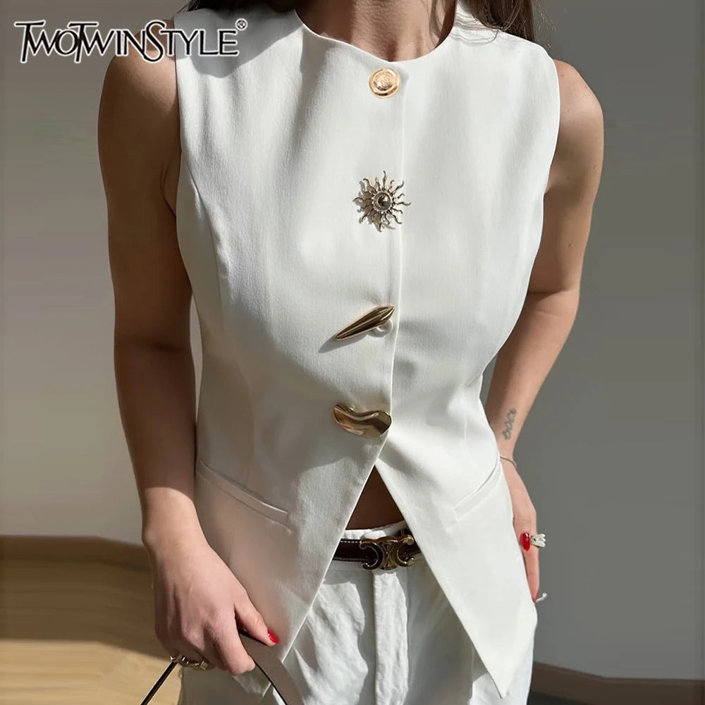 Solid Slimming Split Vests for Women Round Neck Sleeveless Patchwork Irregular Button Fashion Vest Female Clothing