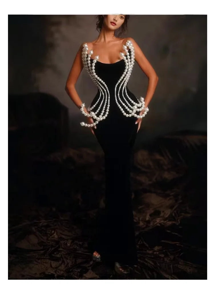 2025 Luxury Pearl Geometric Design strapless Package Hips Bandage Long Dress Elegant Woman Party Dress Celebrity Party Vestido black