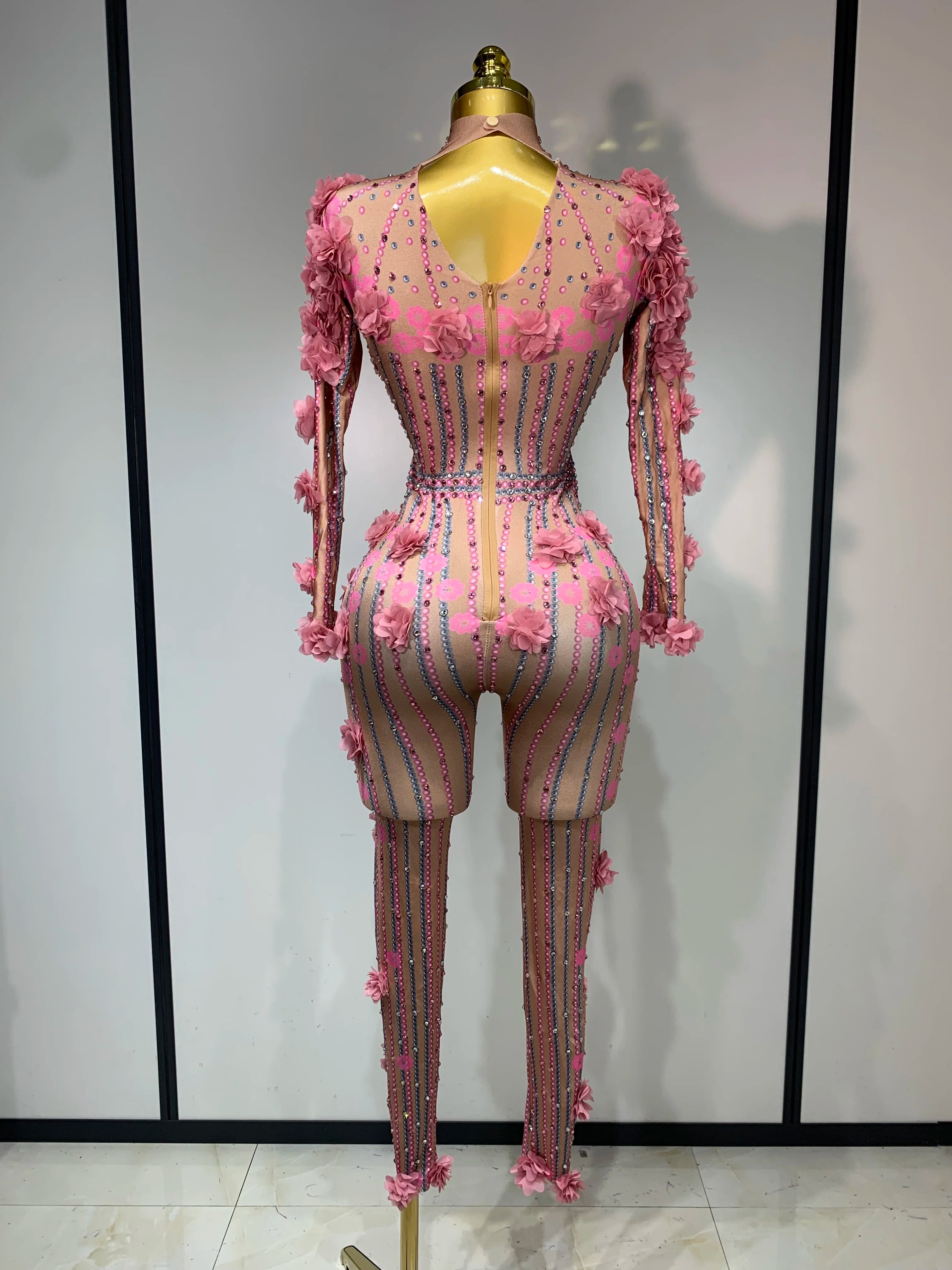 Sexy Skinny Rhinestones Flower Long Sleeve Bodycon Jumpsuit Women High Street Nightclub Birthday Performance Dance Stage Outfit
